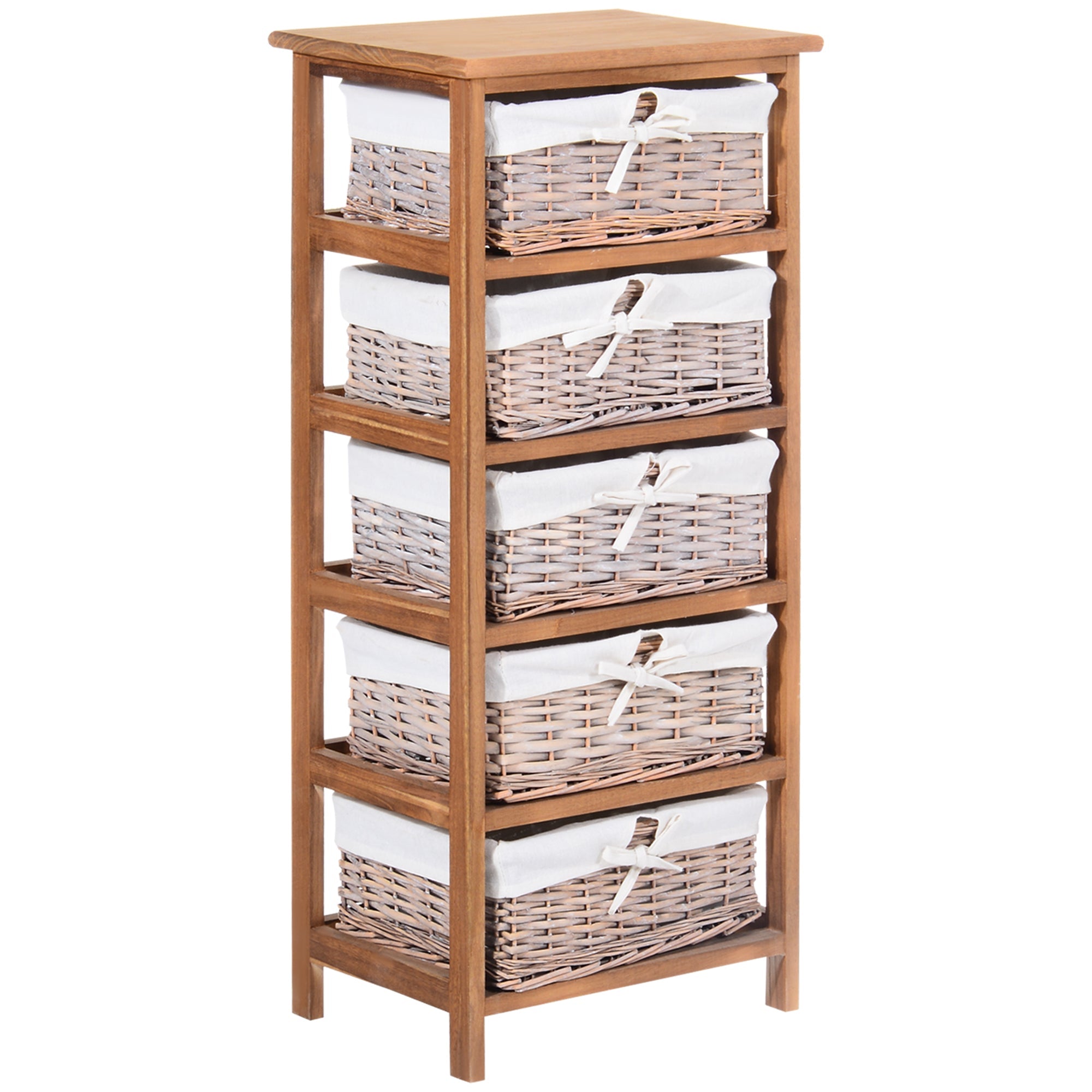5-drawer wicker storage unit with natural wood frame and woven wicker baskets with fabric linings