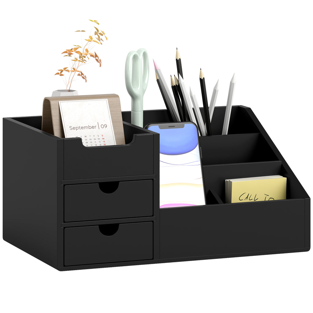 Black desk organizer with compartments holding office supplies on a white background