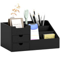 Black desk organizer with compartments holding office supplies on a white background