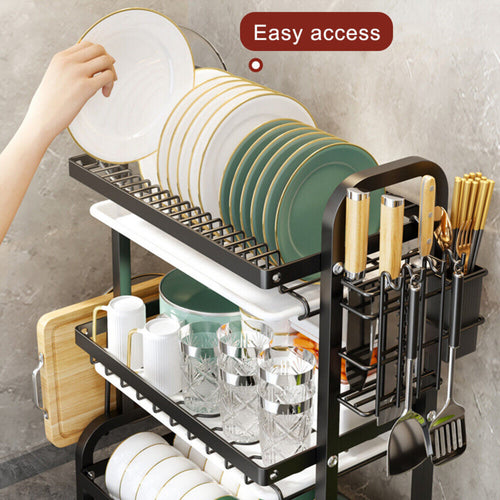 Dish drying rack holding plates, glasses and cups, with cutting board holder and utensil holder for cutlery and kitchen tools