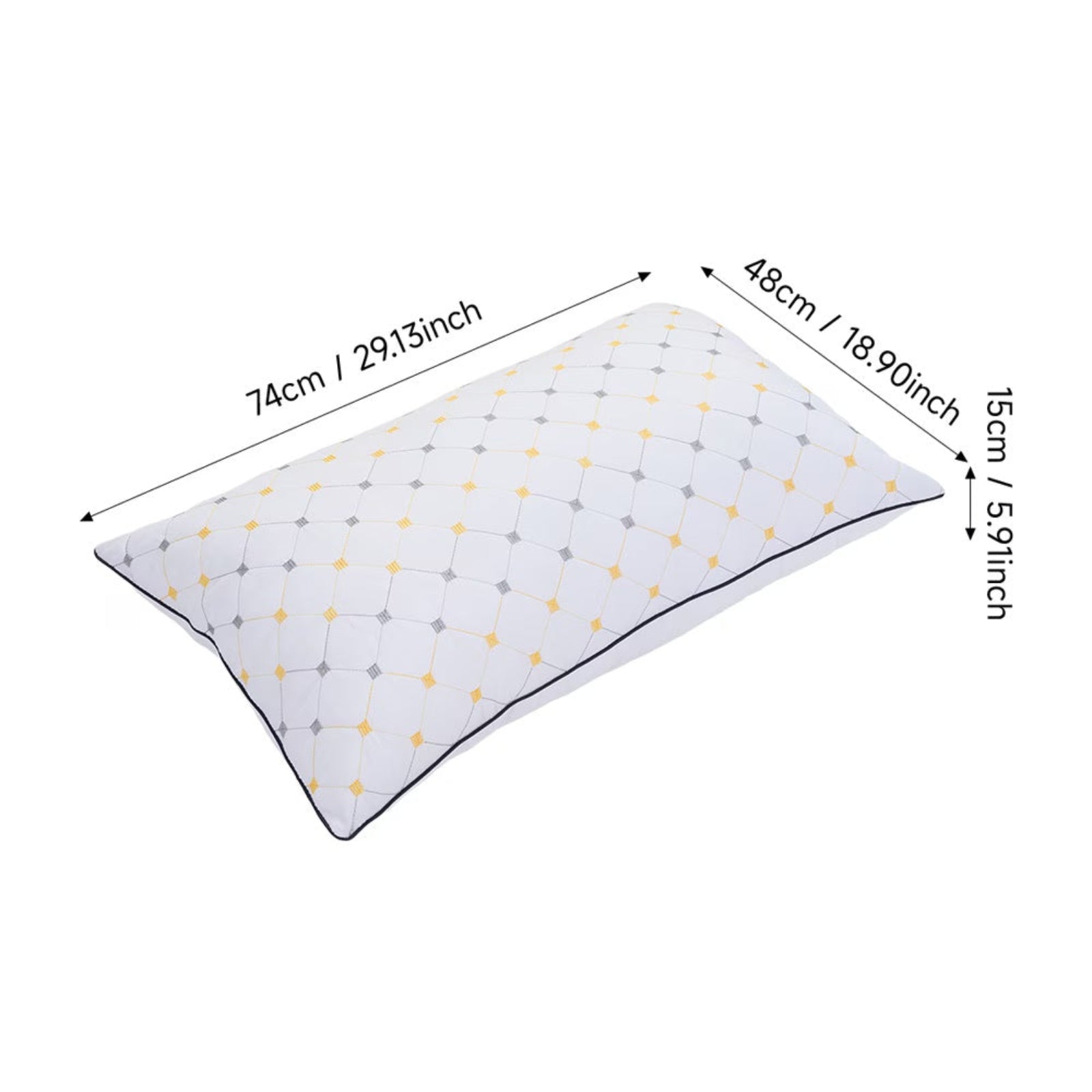 A white pillow with a yellow and gray geometric pattern, shown with dimension arrows and labels indicating measurements of 74cm (29.13inches), 48cm (18.