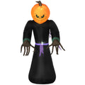 Halloween inflatable decoration with pumpkin head and black outfit on a white background