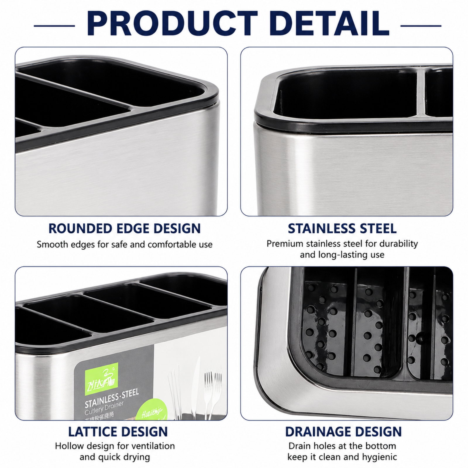 Stainless Steel Kitchen Cutlery Holder with Drain Tray | Utensil Organiser Rack