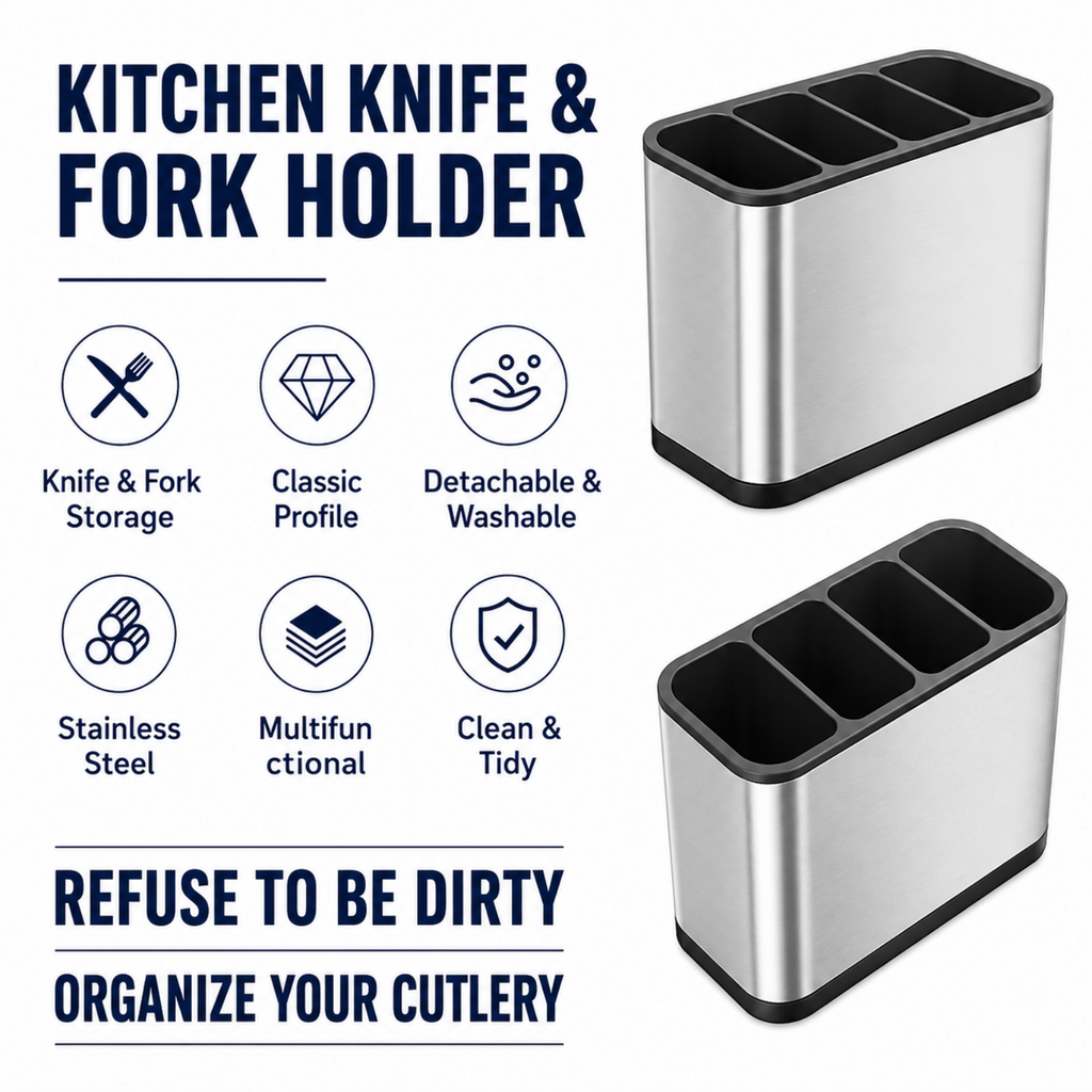 Stainless Steel Kitchen Cutlery Holder with Drain Tray | Utensil Organiser Rack