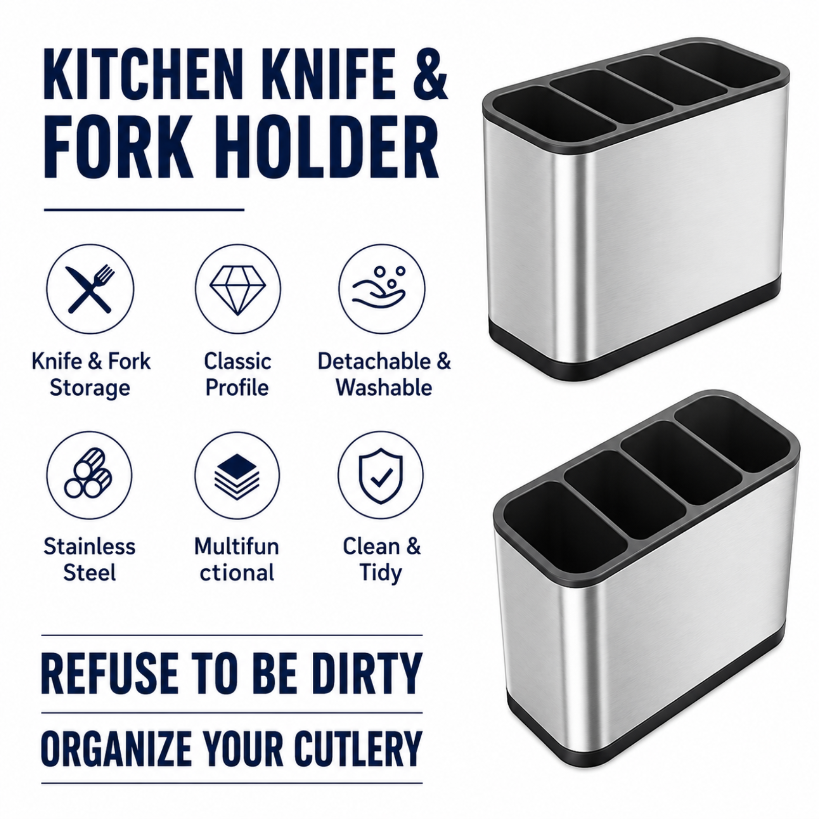 Stainless Steel Kitchen Cutlery Holder with Drain Tray | Utensil Organiser Rack