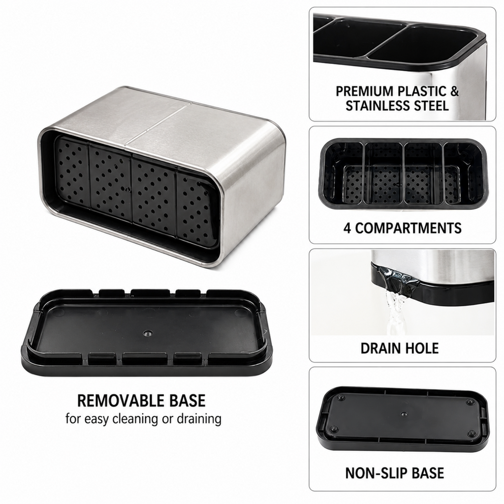 Stainless Steel Kitchen Cutlery Holder with Drain Tray | Utensil Organiser Rack