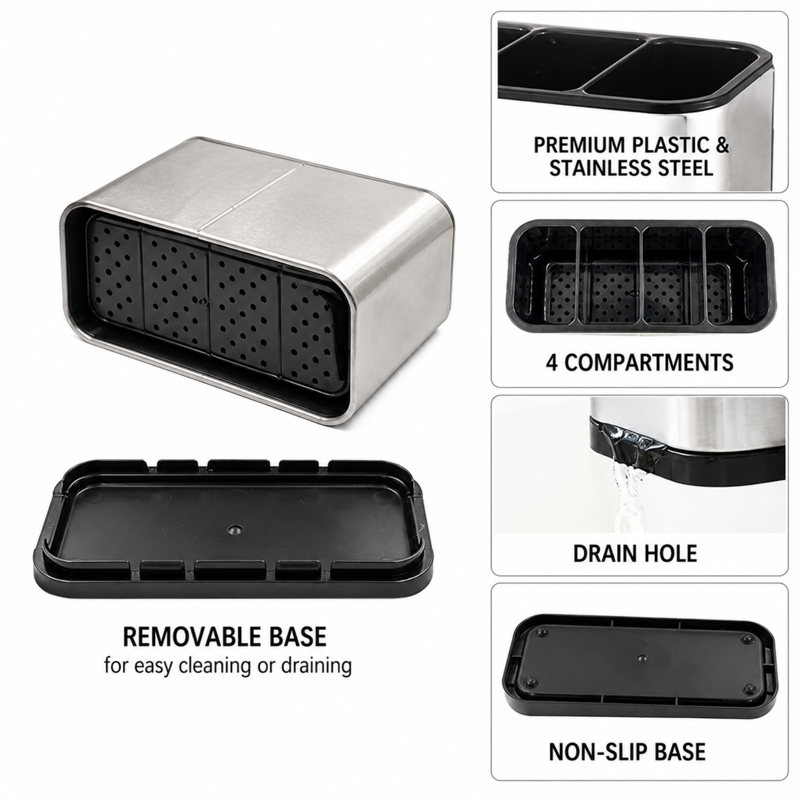 Stainless Steel Kitchen Cutlery Holder with Drain Tray | Utensil Organiser Rack