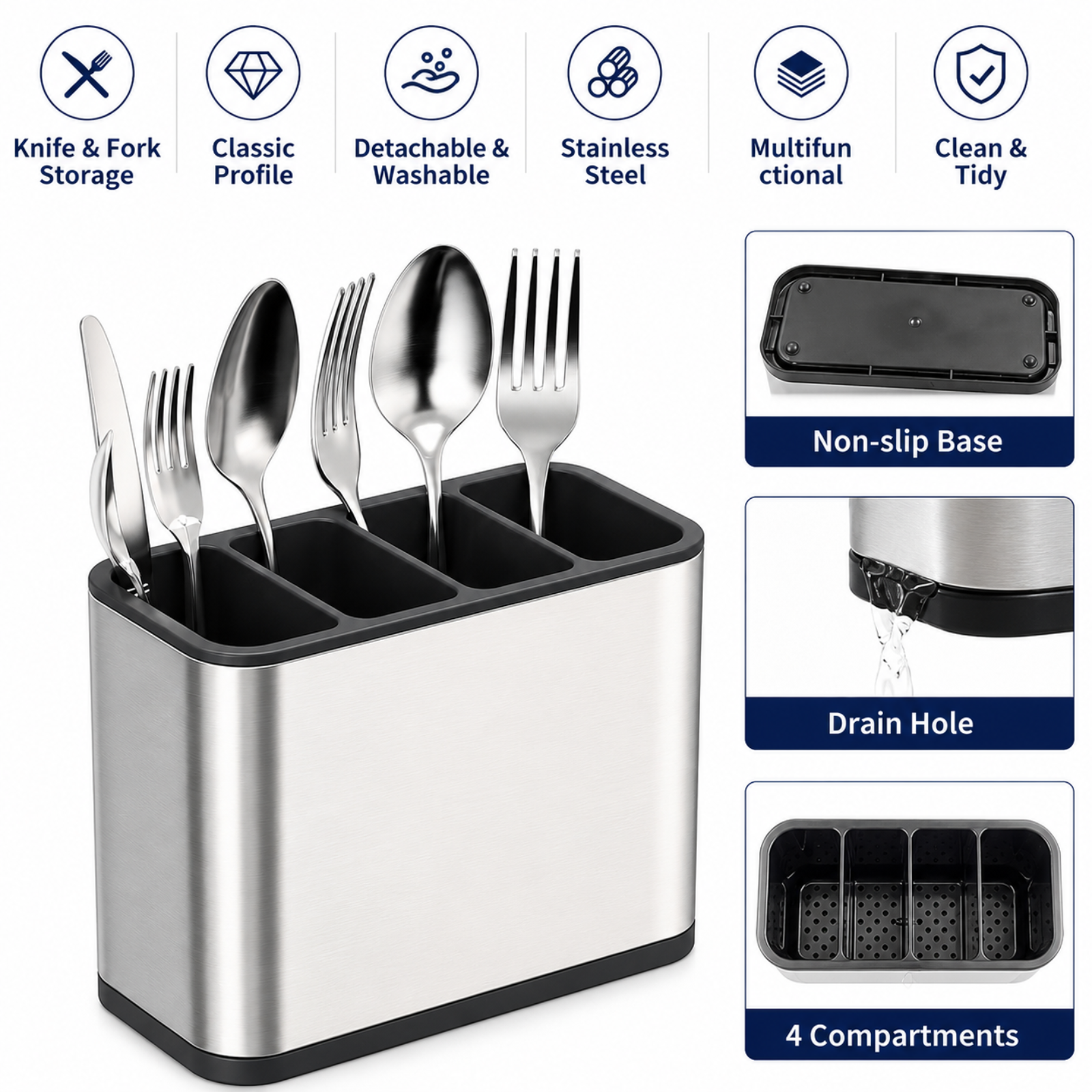 Stainless Steel Kitchen Cutlery Holder with Drain Tray | Utensil Organiser Rack