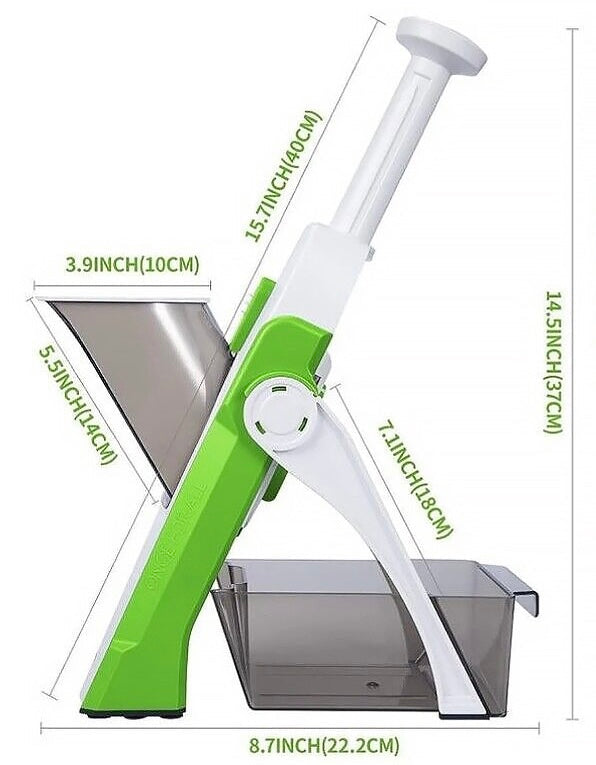 A green and white manual food chopper with a clear plastic container, shown with dimension labels and measurements in inches and centimeters on a white background.