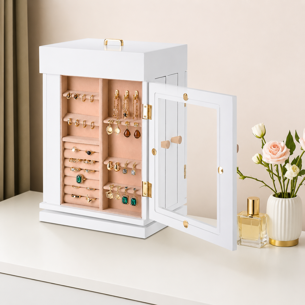 Rotating Jewellery Box with Acrylic Window & Magnetic Door - White