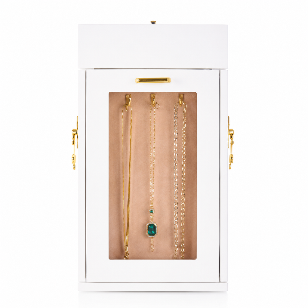 Rotating Jewellery Box with Acrylic Window & Magnetic Door - White