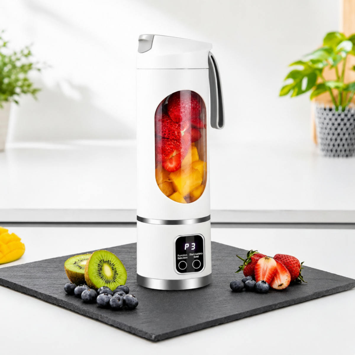 A white portable blender with a clear window showing mixed fruit inside, standing on a black slate tray with strawberries, kiwi, blueberries, and a slice of mango around it.