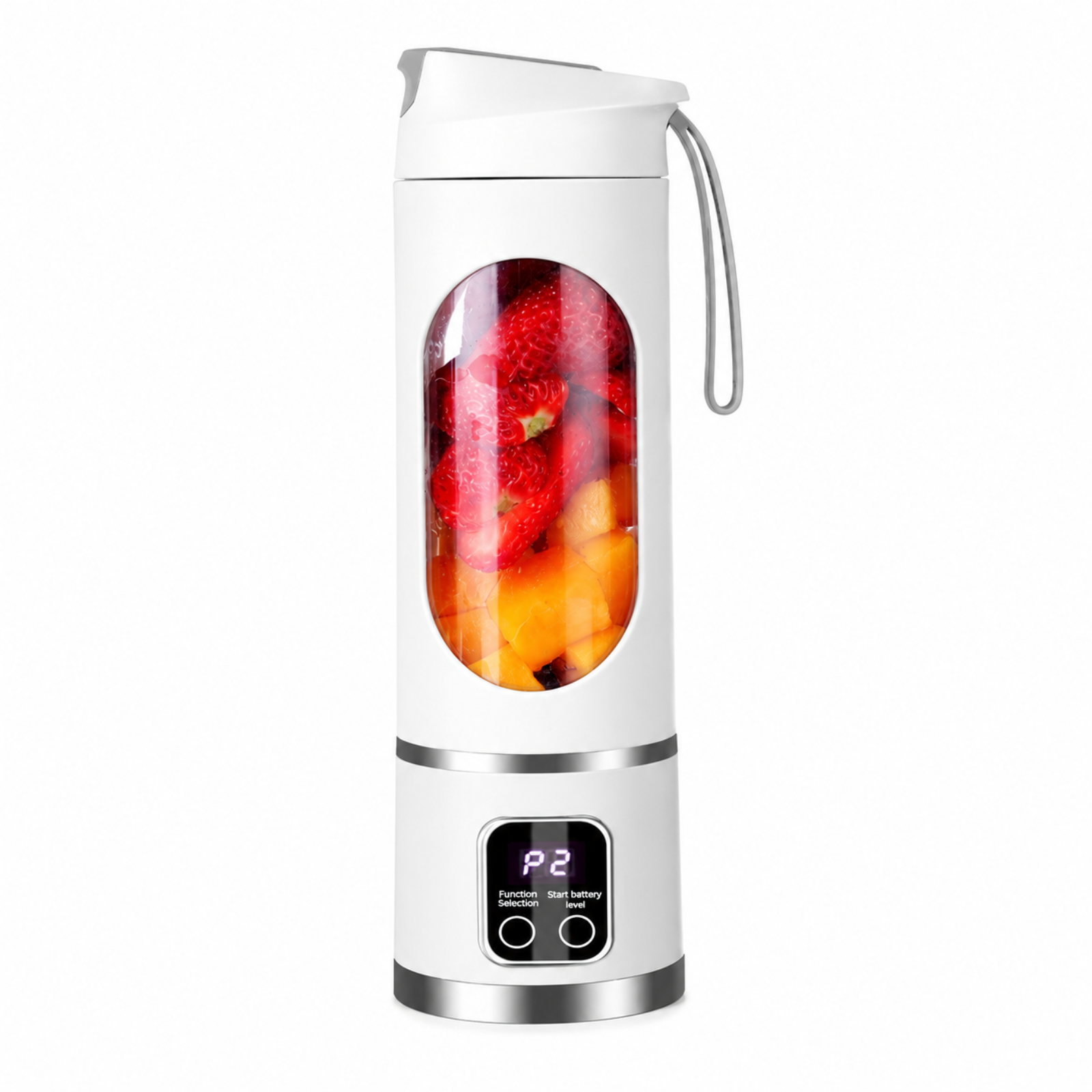 A white electric personal blender with a clear window showing strawberries and fruit inside, featuring a digital display and silver accents on a white background.
