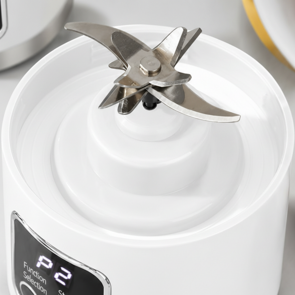 A close-up of a white electric blender base with a stainless steel blade assembly on top and a black digital display panel on the front, set on a light gray surface with strawberries nearby.
