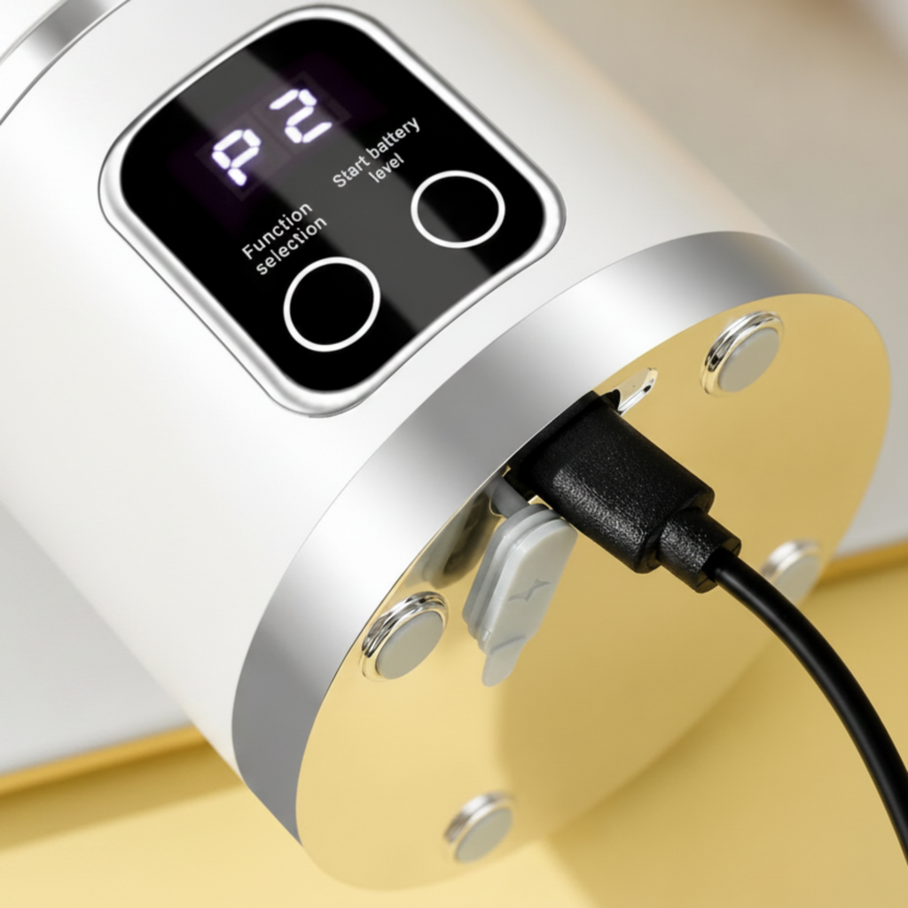 Close-up of a portable electronic device with a digital display screen showing '3.0 Start battery 100%' and two circular buttons, with a black cable plugged into its side.
