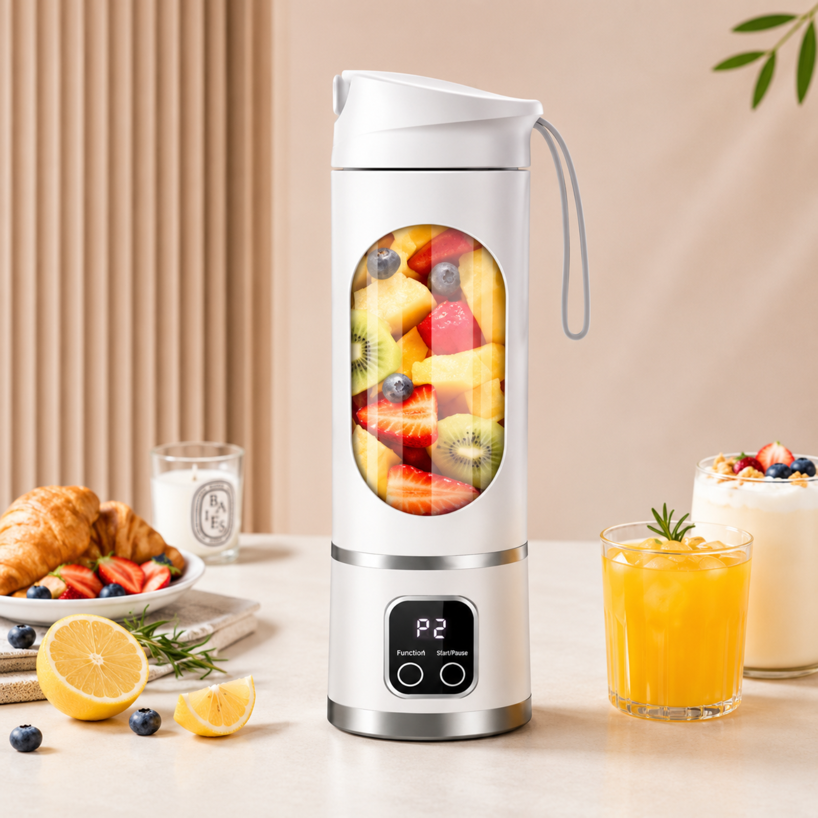 A white electric personal blender with a clear fruit-filled jar window and a digital control panel, set on a tabletop with breakfast and drinks in a styled indoor scene.