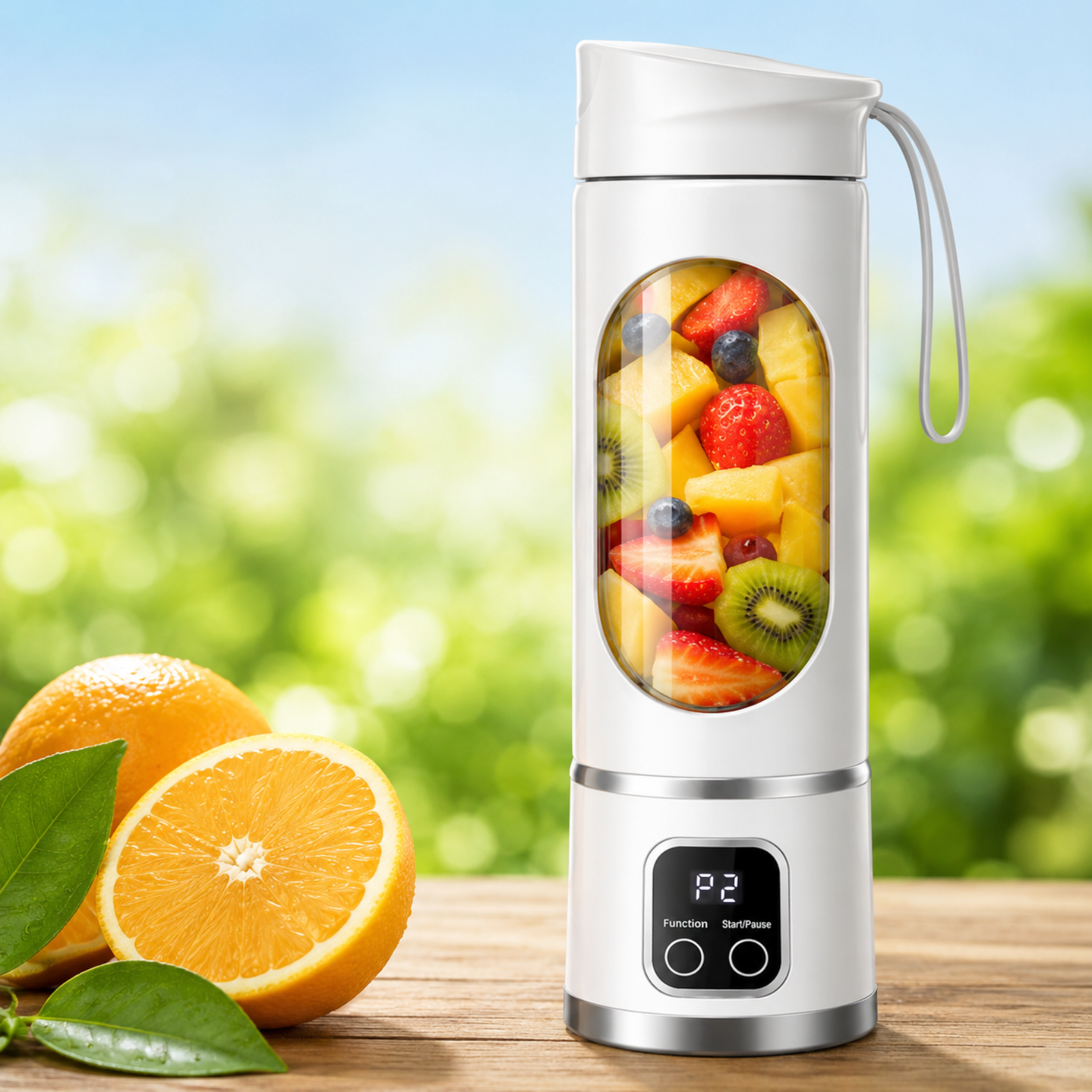 A white portable electric blender with a clear window showing mixed fruit inside, standing on a wooden surface with oranges and green leaves in the foreground and a blurred green outdoor background.