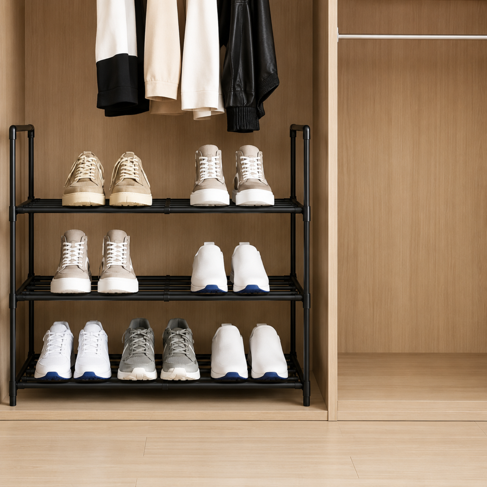 A black metal three-tier shoe rack holding multiple pairs of sneakers inside a wooden closet or storage unit, with hanging garments visible above.