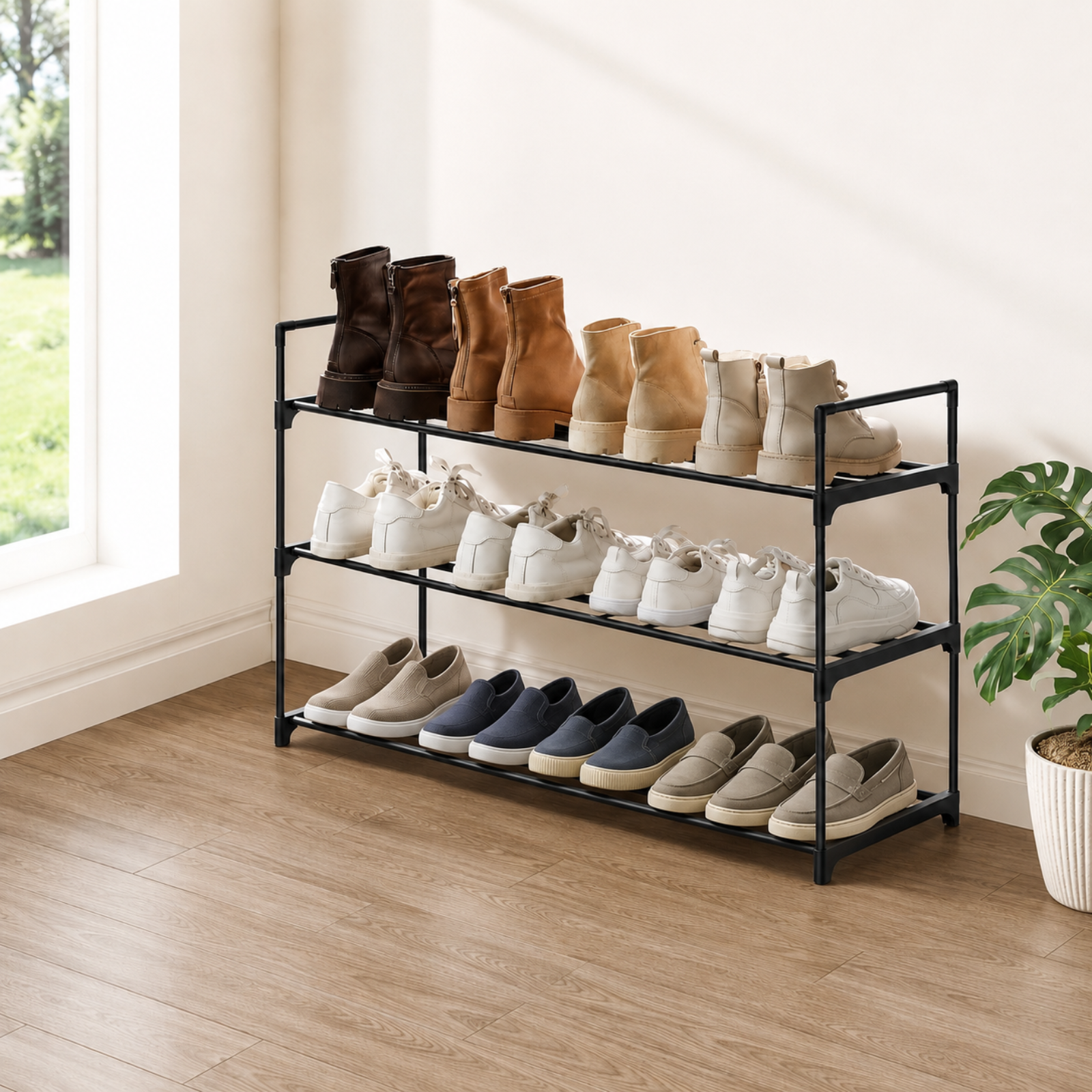 A black metal three-tier shoe rack holding assorted shoes in brown, white, beige, and navy, placed in a bright room with wood flooring, a window, and a potted plant.