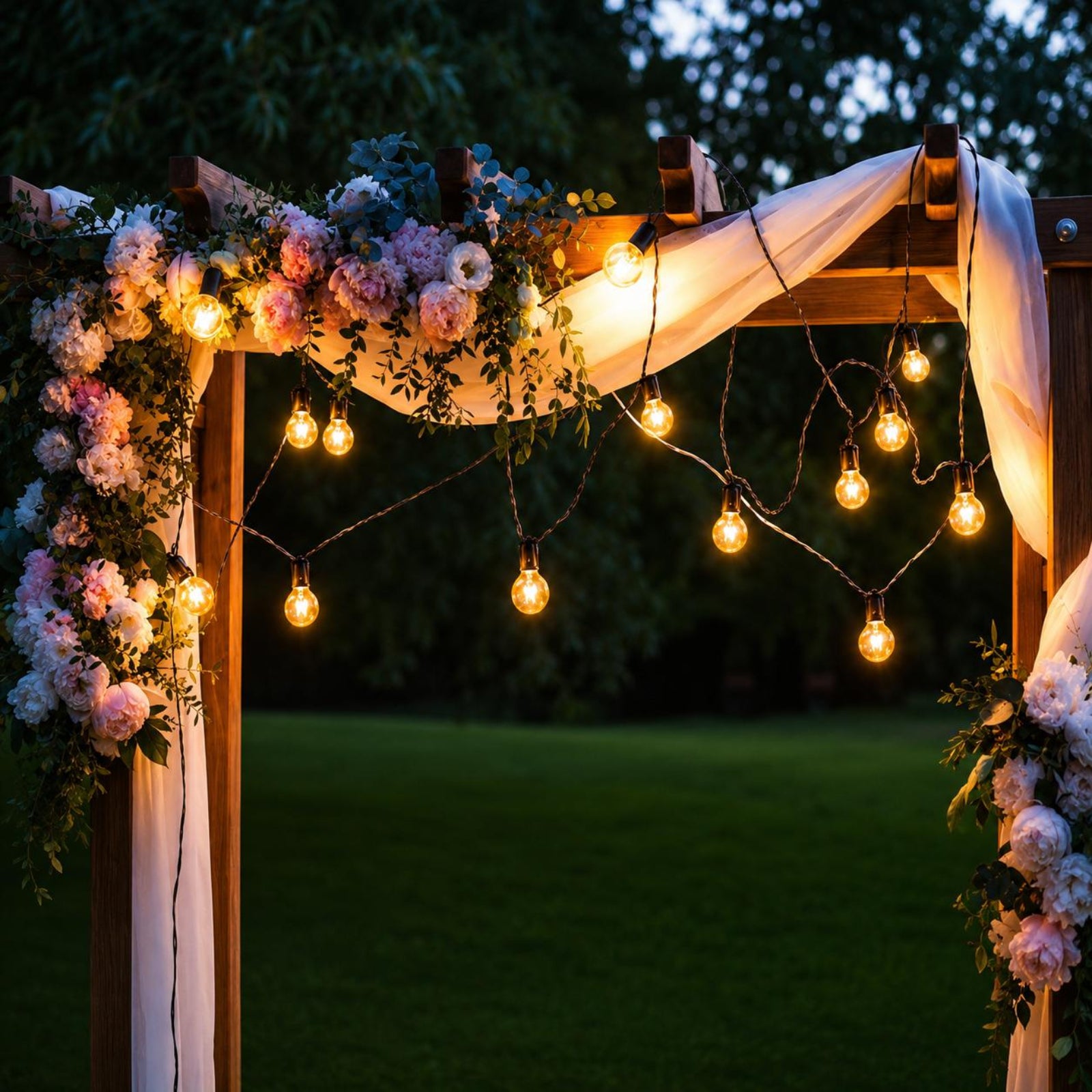 A rustic wooden archway decorated with pink and white flowers, draped white fabric, and warm glowing string lights, set against a dark green garden background at dusk.