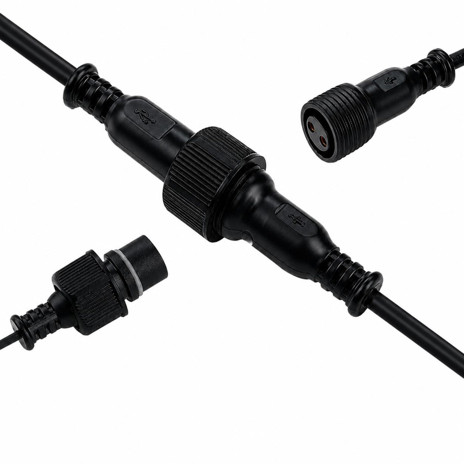 Black waterproof cable connector with a ribbed locking collar and threaded ends, shown in multiple close-up angles on a white background.