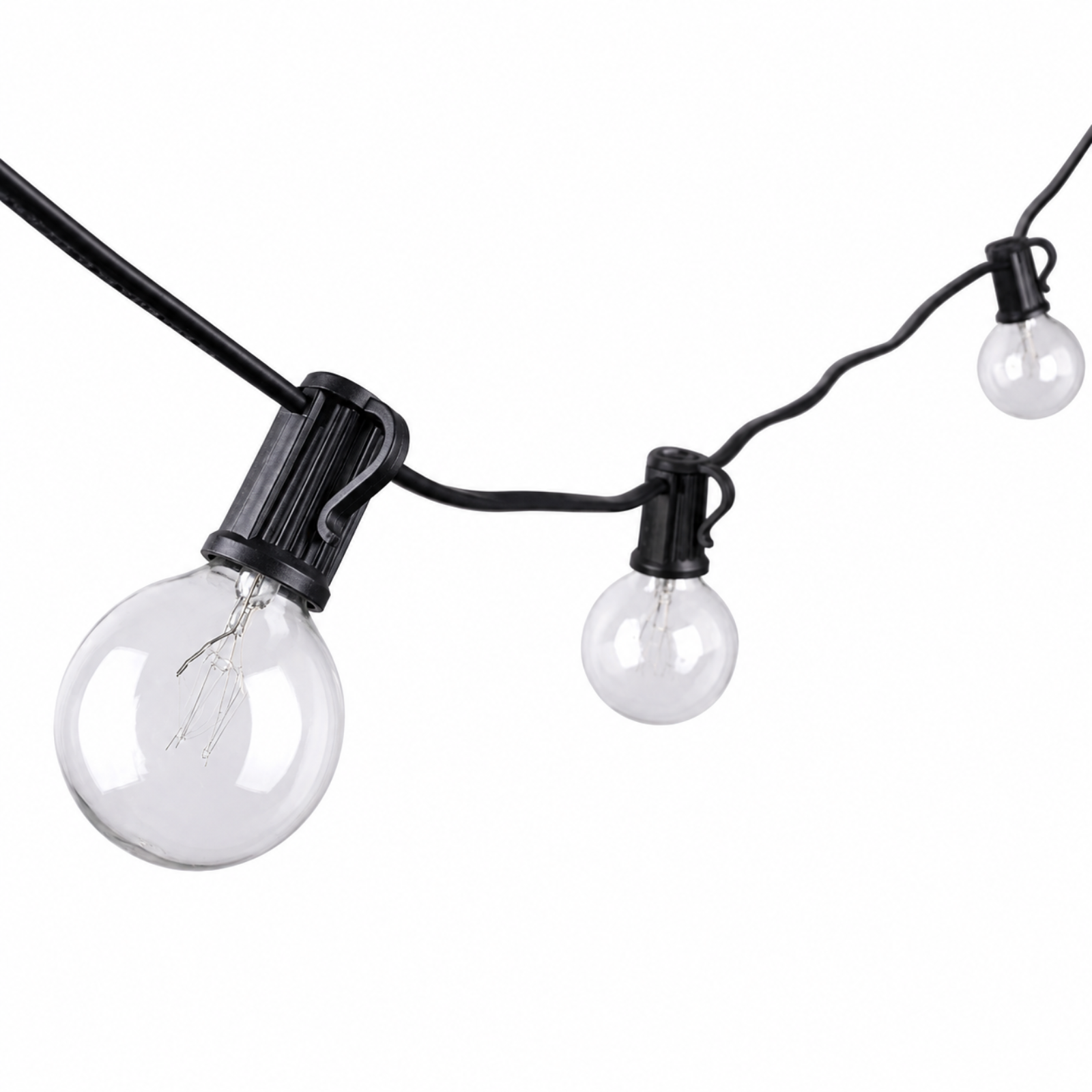 Black string light bulbs with clear round glass globes on a white background.