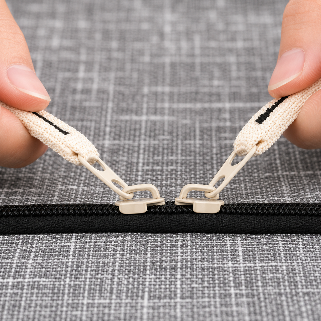 Close-up of a person's hands pulling a black zipper tab on a gray woven fabric item, showing the off-white zipper pull and black zipper tape.