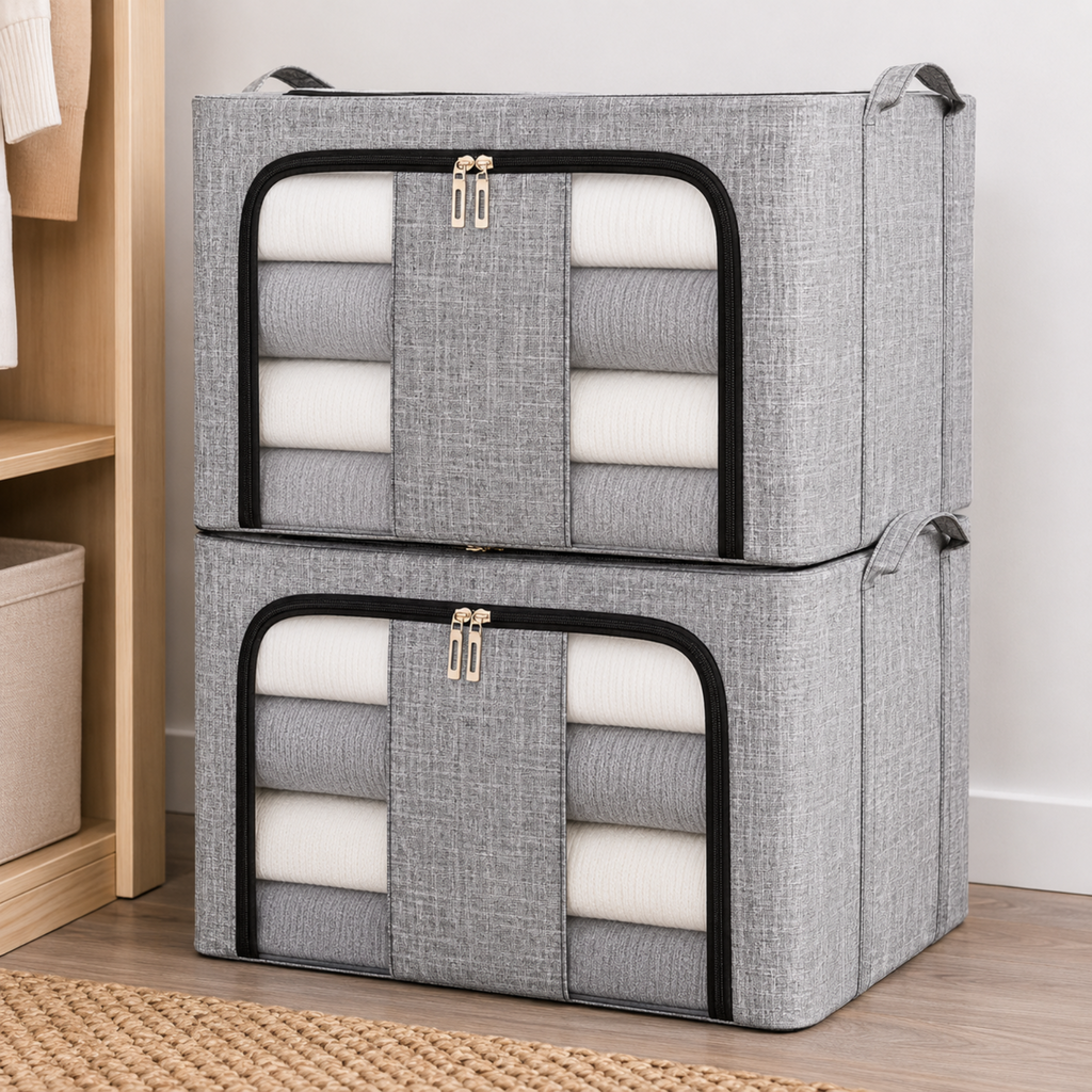 Two stacked gray fabric storage bins with zippered front pockets and black trim, shown in a clean indoor room setting.