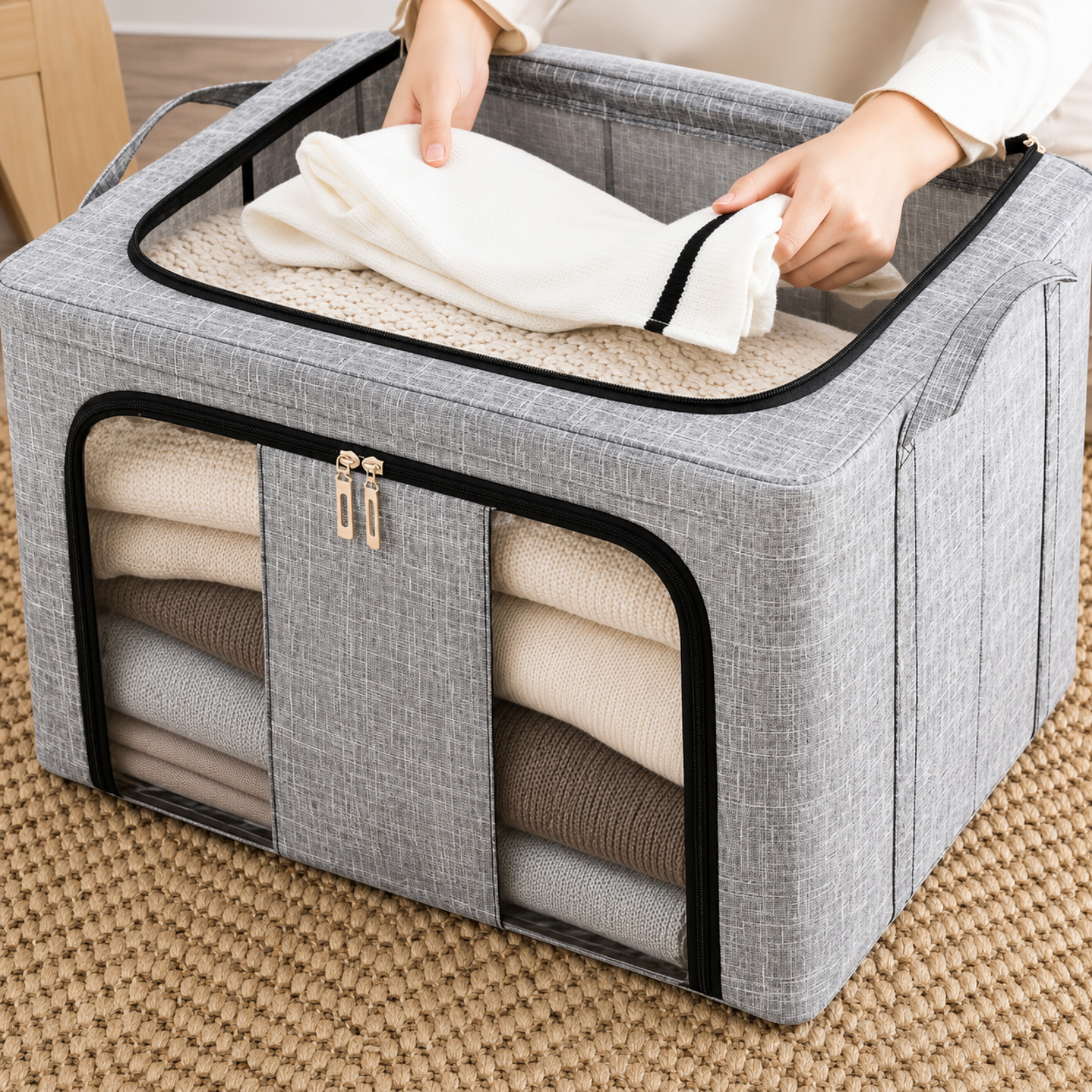 A gray fabric storage bin with clear zippered windows and black trim, shown on a woven rug with folded neutral-colored clothes inside and a person's hands placing another white garment into the top compartment.