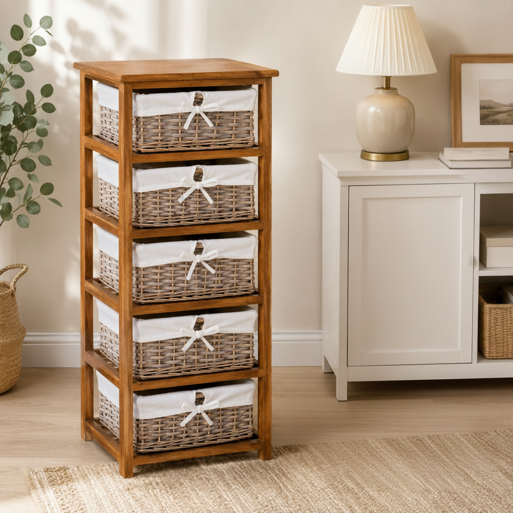 A 5-drawer wooden storage cabinet with woven wicker bins and white fabric liners, shown in a styled room next to a matching bin on the floor.