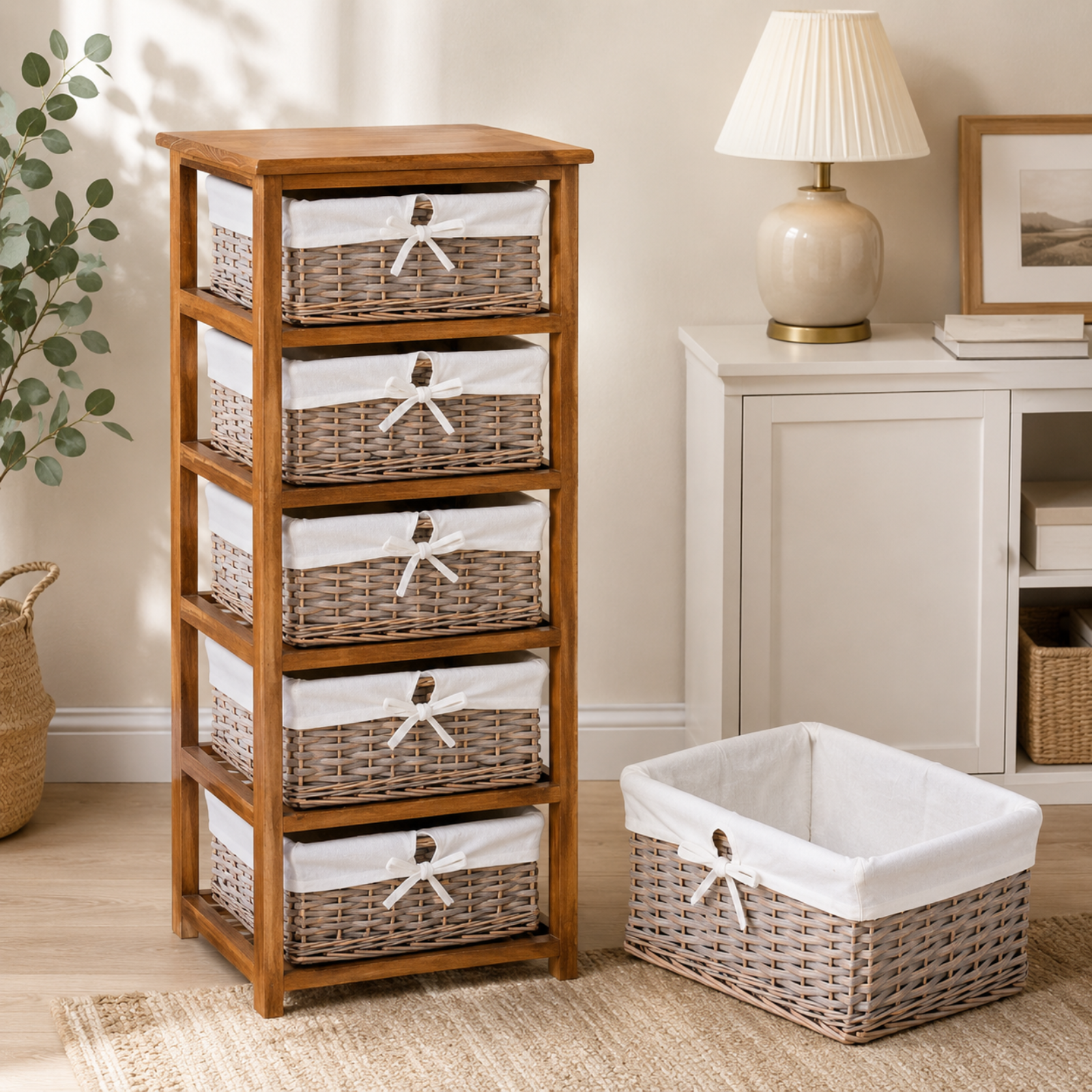 A 5-drawer wooden storage cabinet with woven wicker bins and white fabric liners, shown in a styled room next to a matching bin on the floor.