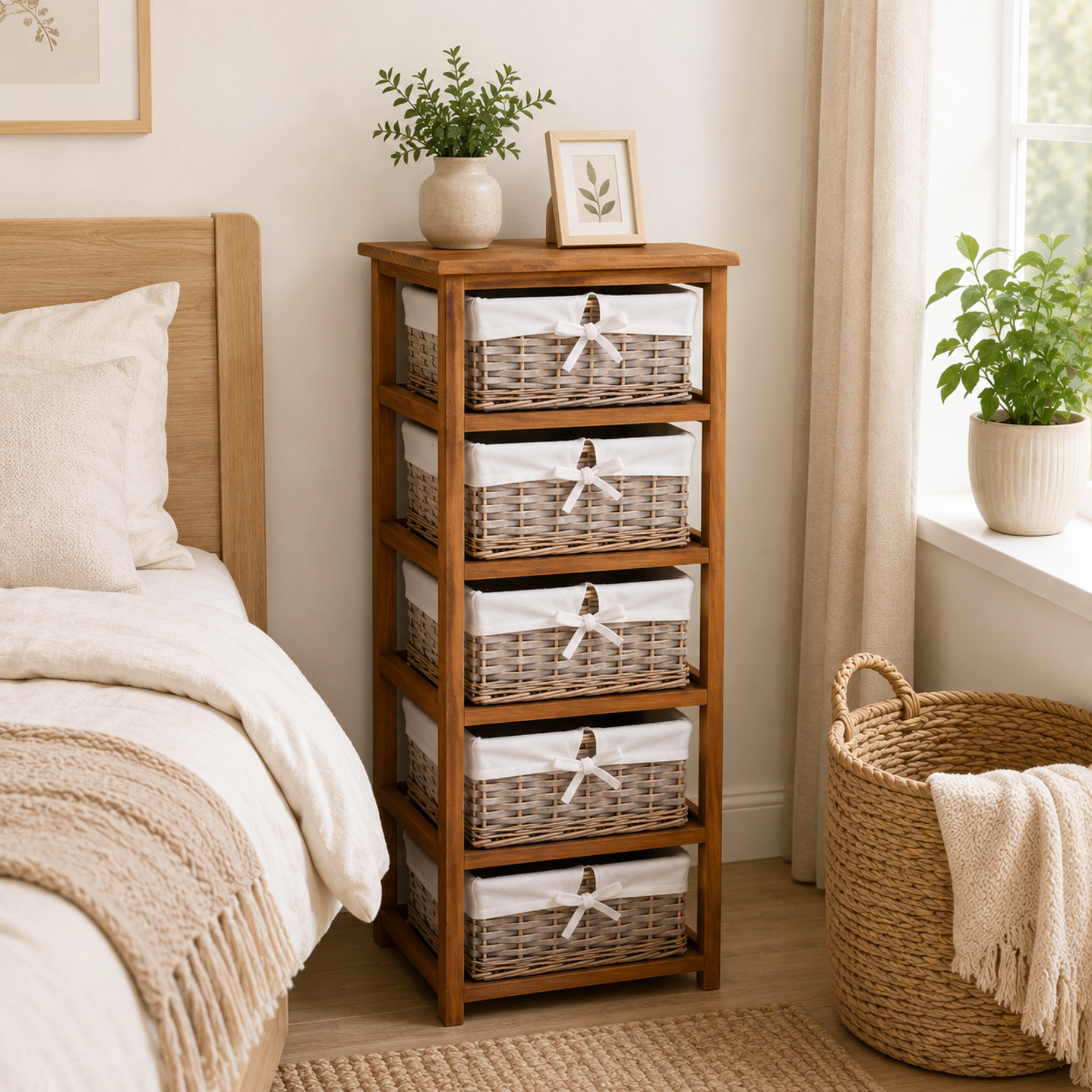 A wooden five-drawer nightstand or storage cabinet with woven wicker baskets and white fabric liners, styled in a bright bedroom next to a bed and by a window.