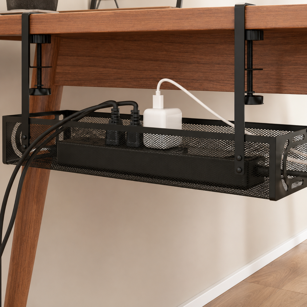 A black metal mesh under-desk power strip organizer mounted on a wooden desk, holding a power adapter and cords, shown in a home office setting.