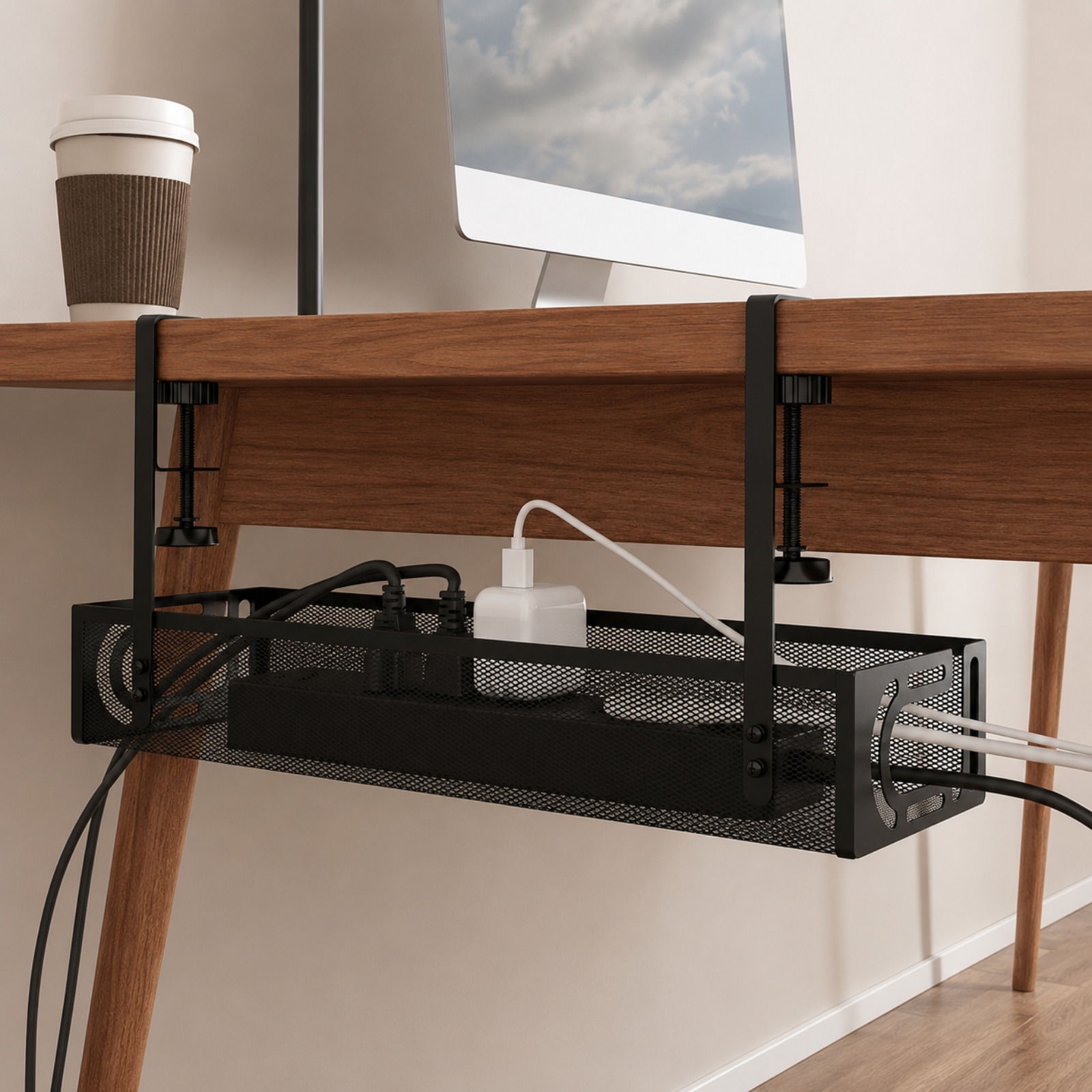 A black metal cable management tray mounted underneath a wooden desk, holding cords and a power adapter. A coffee cup and part of an iMac are visible on the desk above, in a home office setting.