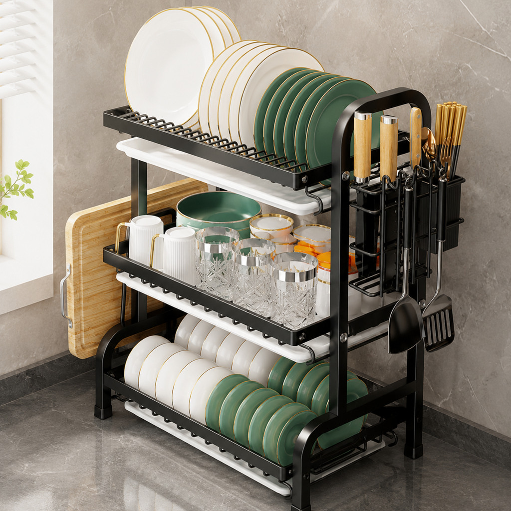A black three-tier kitchen dish rack with white trays, shown holding plates, cups, glasses, and utensils in a kitchen setting.