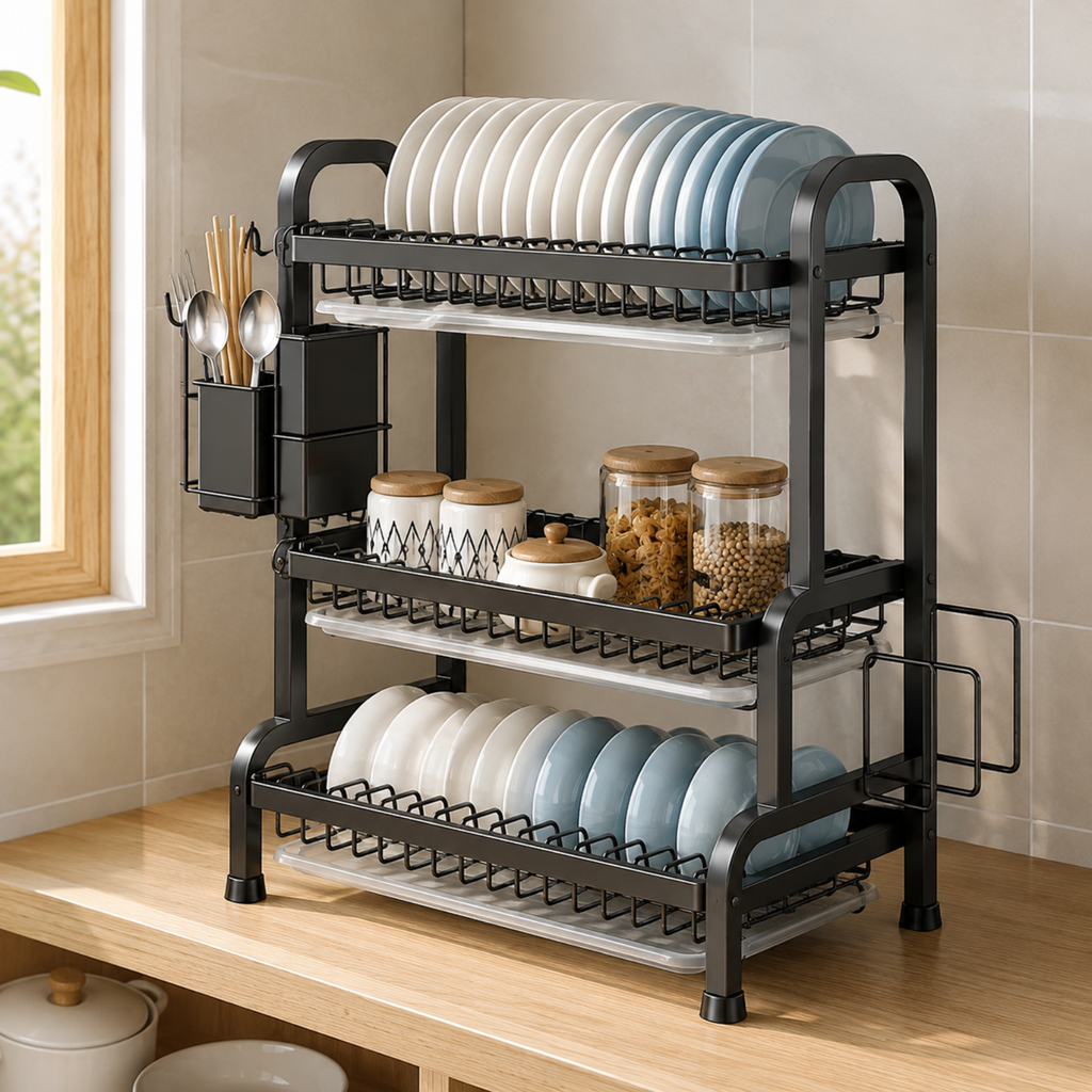 A three-tier black metal dish rack with clear plastic trays, shown on a wooden kitchen counter with plates, jars, and utensils, set against a tiled wall.