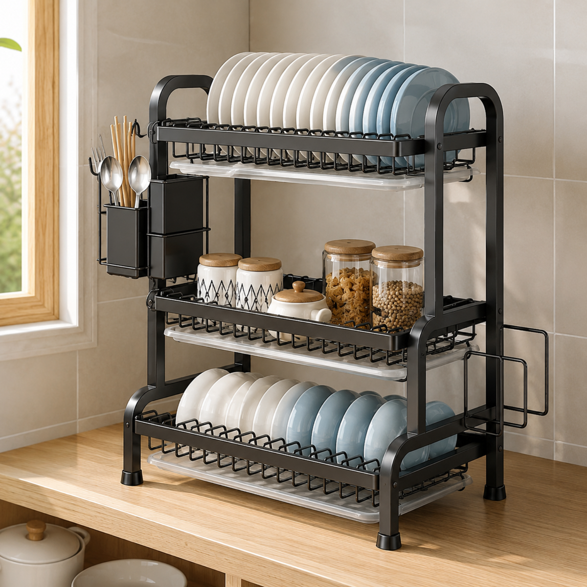 A three-tier black metal dish rack with clear plastic trays, shown on a wooden kitchen counter with plates, jars, and utensils, set against a tiled wall.