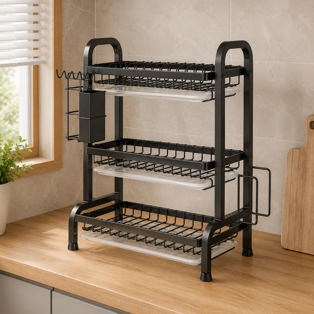 A 3-tier black wire kitchen organizer with clear plastic trays and a side cup holder, shown on a wooden kitchen counter.