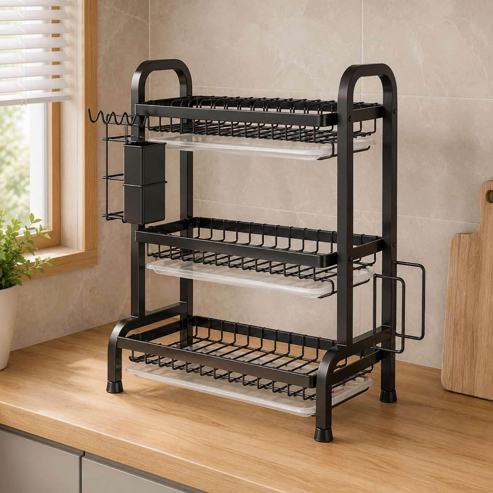 A 3-tier black wire kitchen organizer with clear plastic trays and a side cup holder, shown on a wooden kitchen counter.