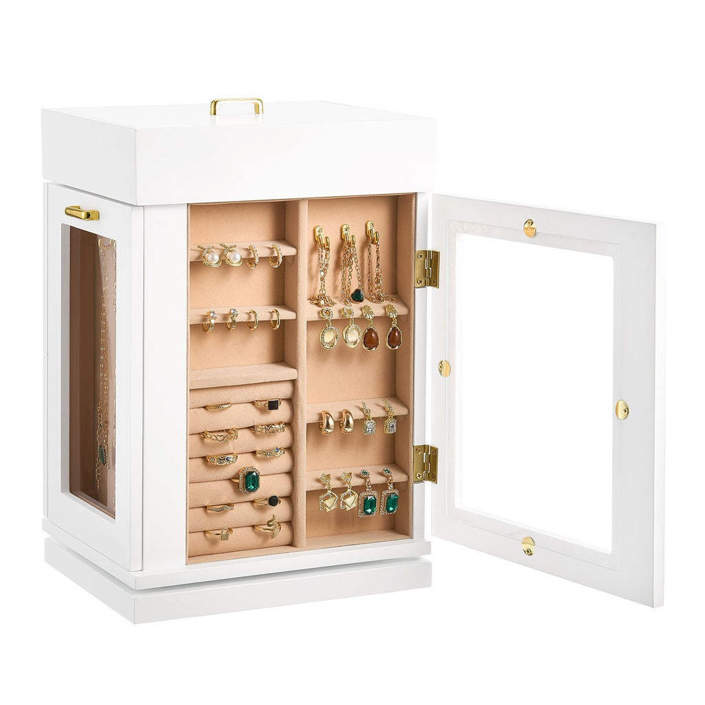 White jewelry box with open lid displaying various jewelry items on a white background