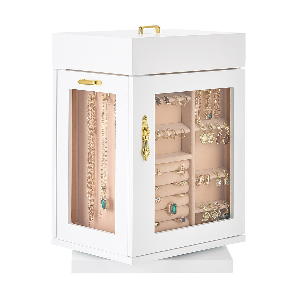 White jewelry cabinet with glass doors displaying various jewelry items on a white background