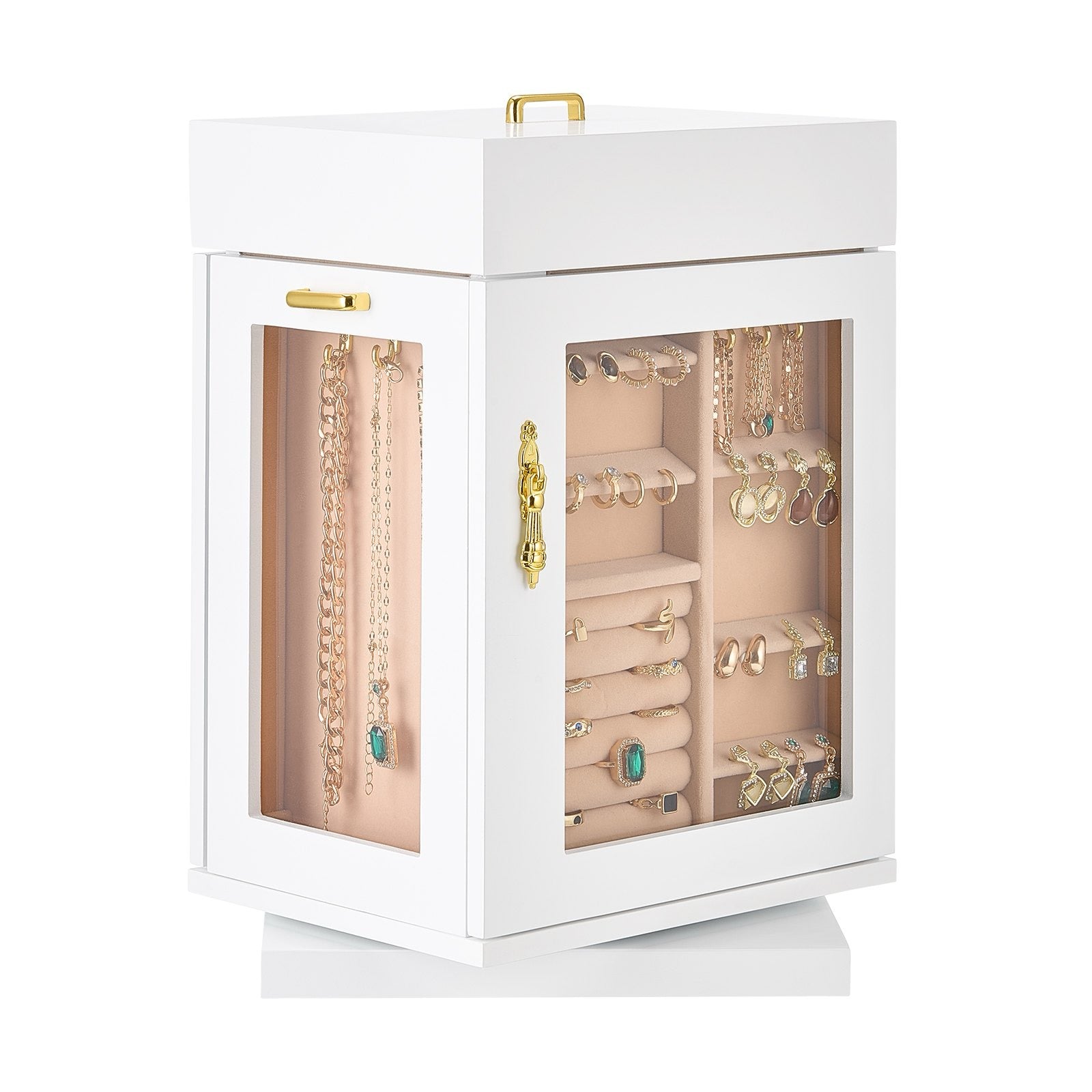 White jewelry cabinet with glass doors displaying various jewelry items on a white background