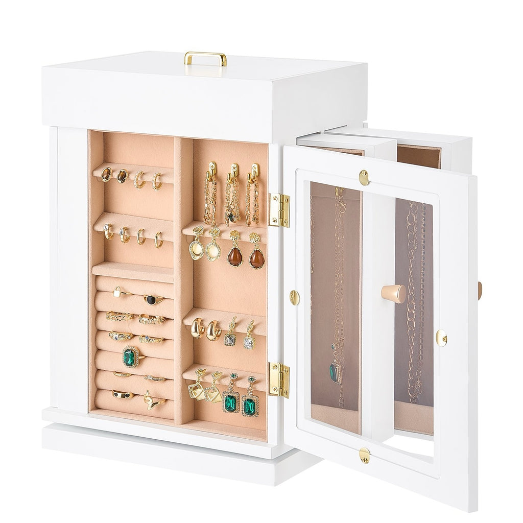 White jewelry organizer with open doors displaying various earrings and necklaces.