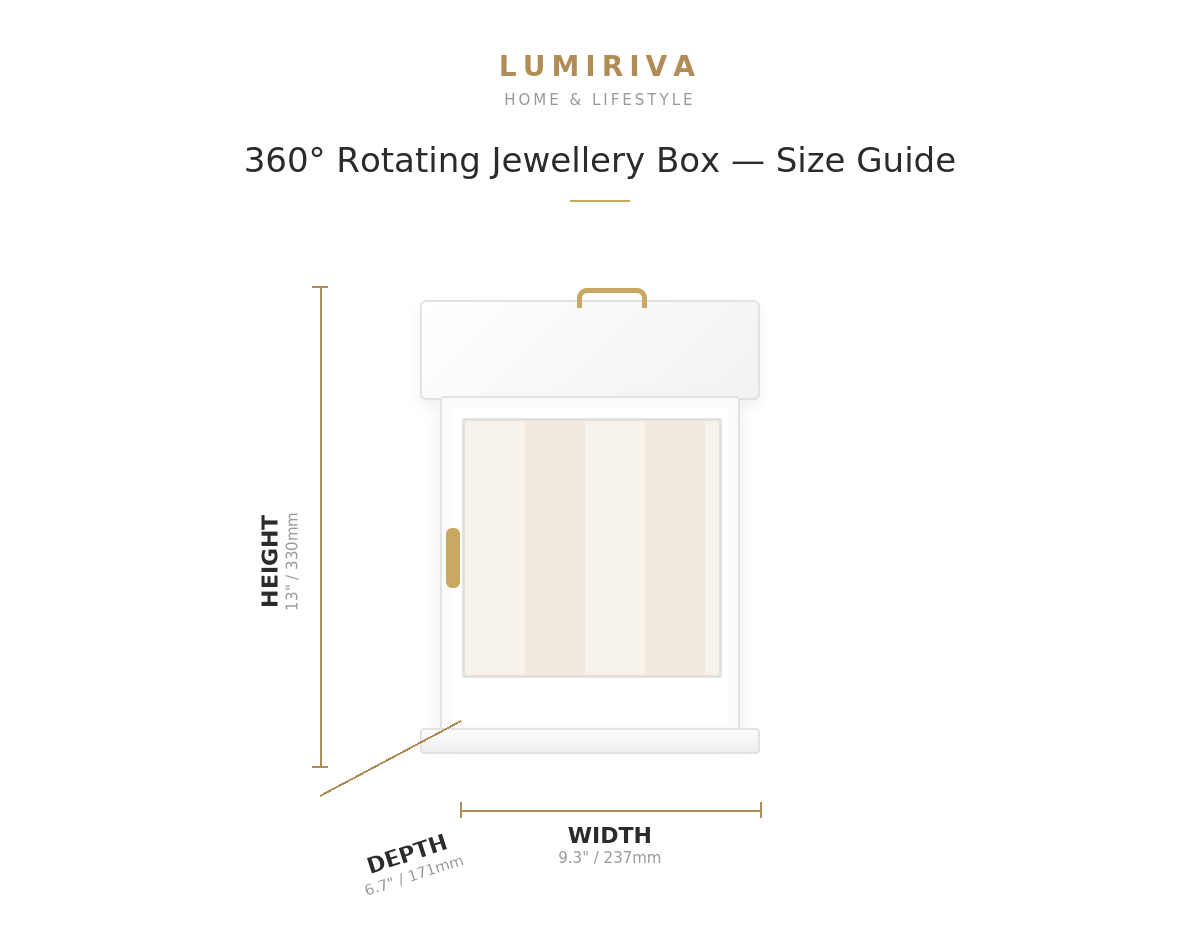 Size guide diagram for a 360° rotating jewellery box by LUMIRIVA HOME & LIFESTYLE, showing a simple white box outline with labeled height, width, and depth measurements.