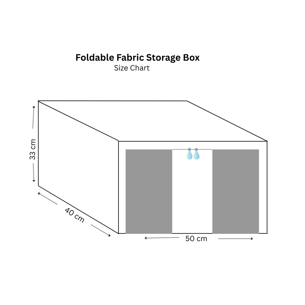 Size chart diagram for a foldable fabric storage box, showing a simple line drawing of the box with labeled dimensions: 33 cm height, 40 cm depth, and 50 cm width, plus small blue hanging loops on the front.