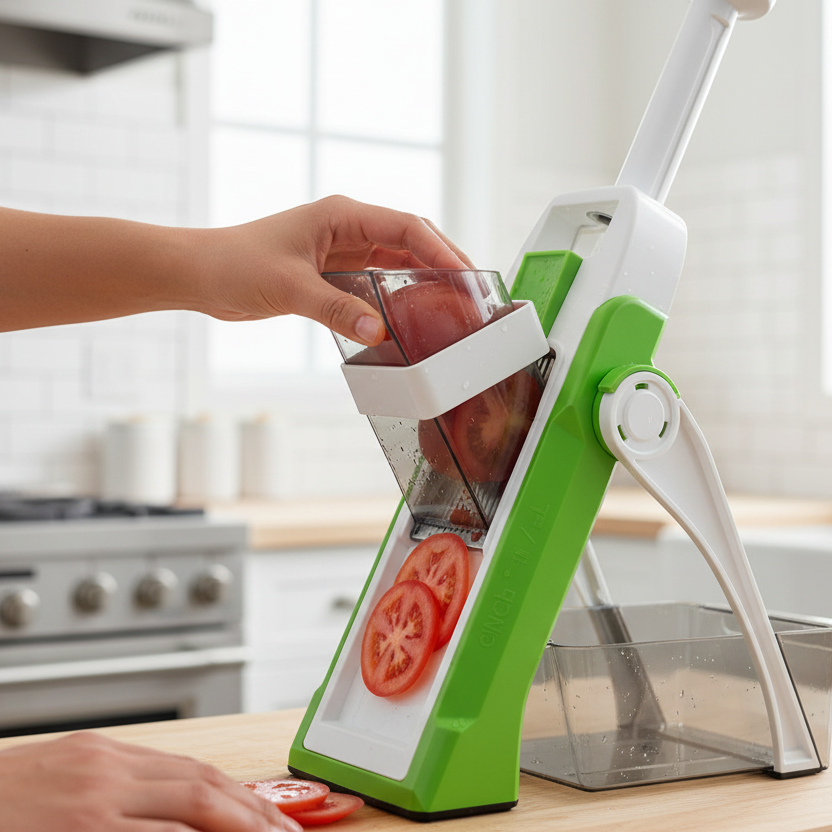 A green and white manual mandoline slicer on a wooden kitchen counter, with a person's hands feeding tomatoes into the slicer and a clear container below.