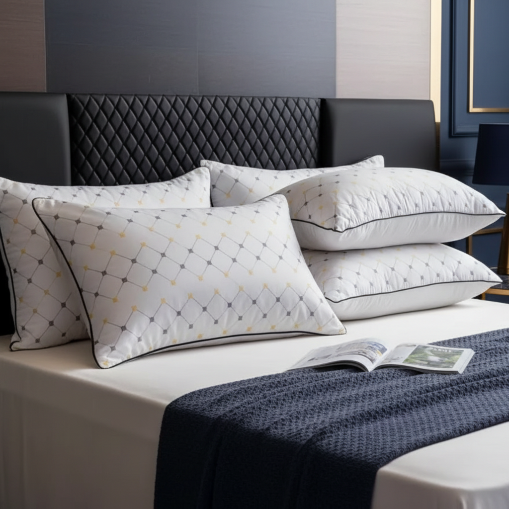 A styled bedroom scene showing a bed with white bedding, patterned white pillows, a dark quilted headboard, a navy throw blanket, a bedside table with a blue lamp, and dark blue curtains.