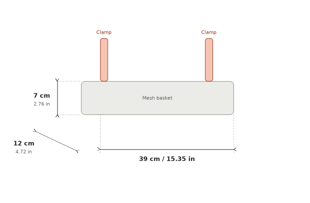 A simple line drawing showing the dimensions of a rectangular mesh basket with two vertical clamp-like extensions. Labels indicate 7 cm height, 12 cm side dimension, and 39 cm length, on a plain white background.