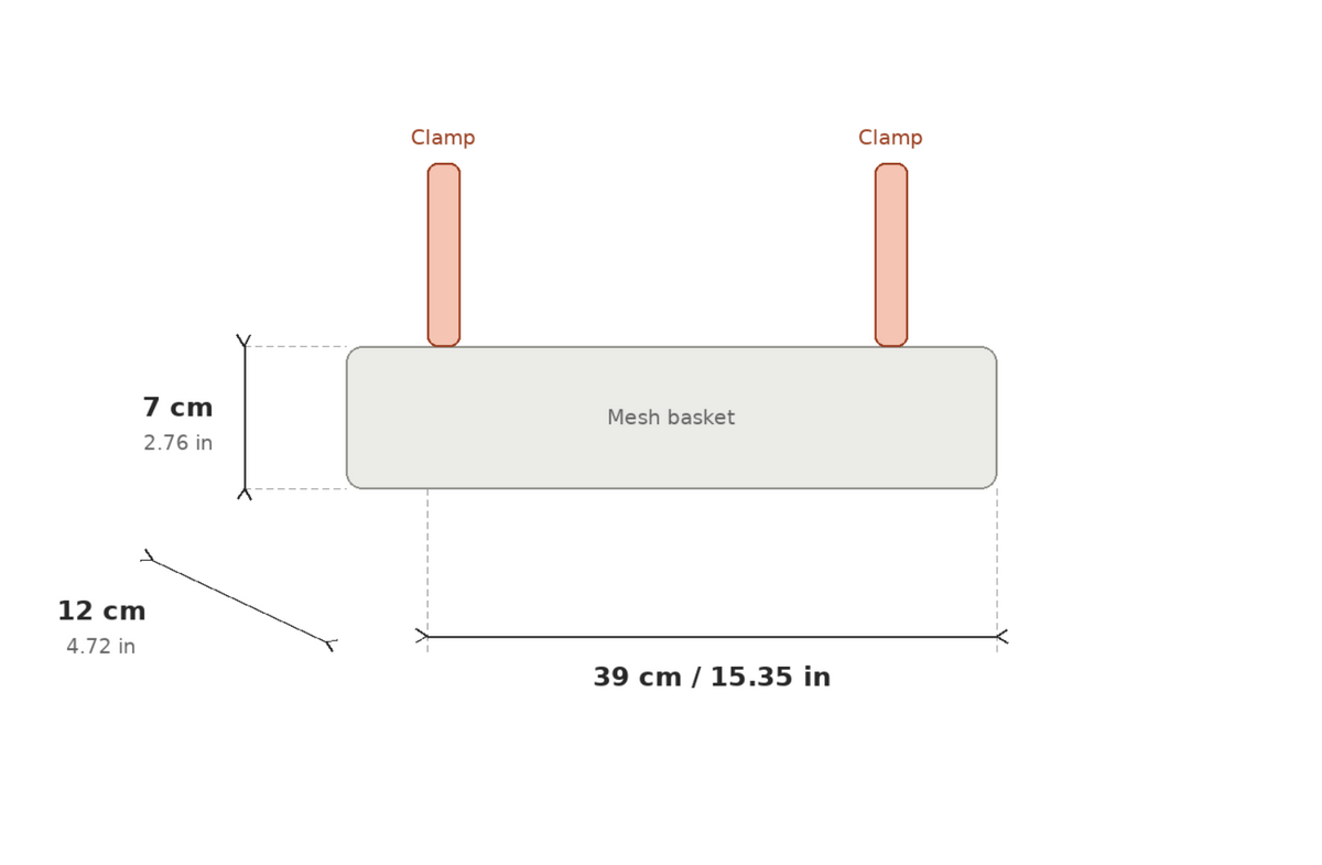 A simple line drawing showing the dimensions of a rectangular mesh basket with two vertical clamp-like extensions. Labels indicate 7 cm height, 12 cm side dimension, and 39 cm length, on a plain white background.