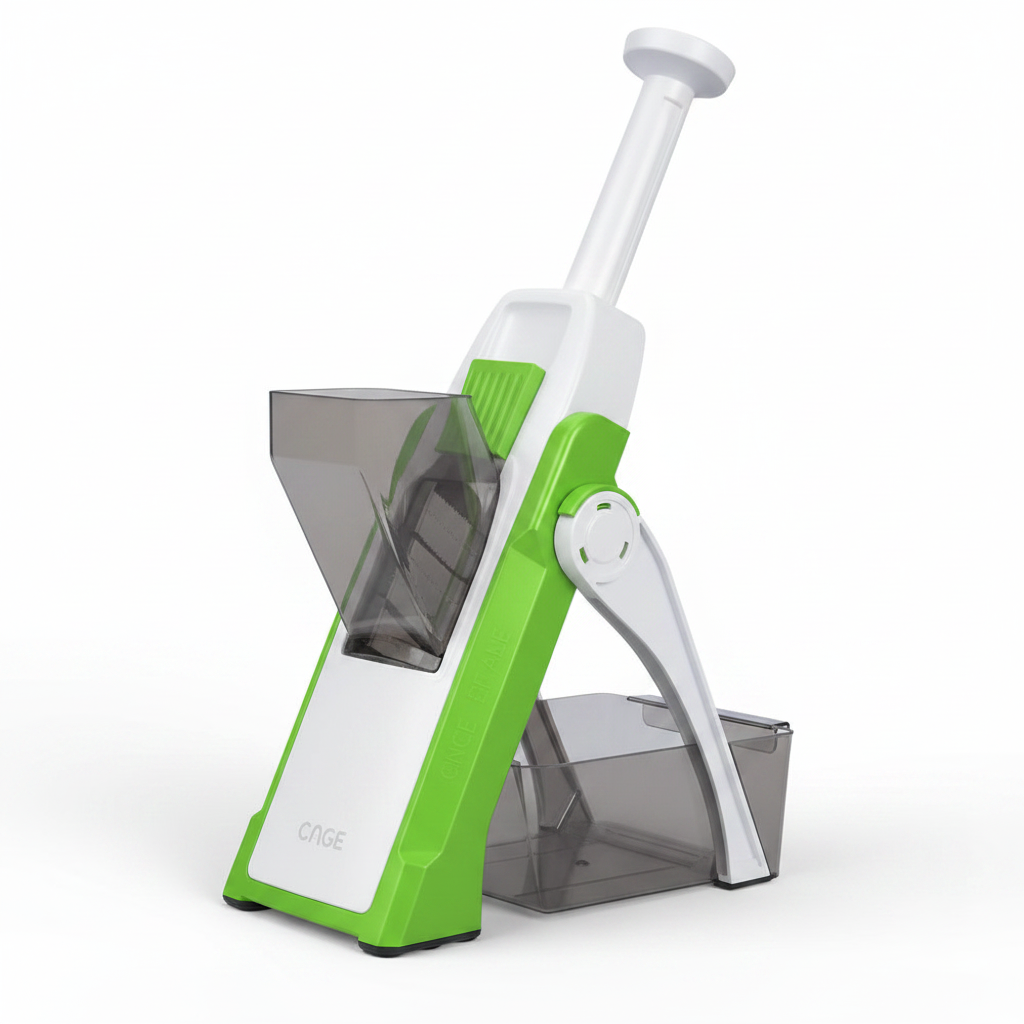 A countertop food chopper and slicer with a bright green and white plastic body, a clear plastic feed hopper, and a clear plastic collection tray, shown on a solid white background.